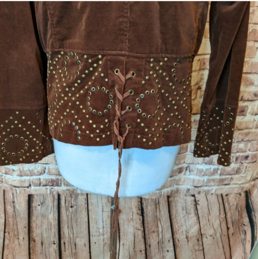 Corduroy Jacket With Grommet Metal Stud Embroidery Lace-up Corsetting Details L - Picture 6 of 6